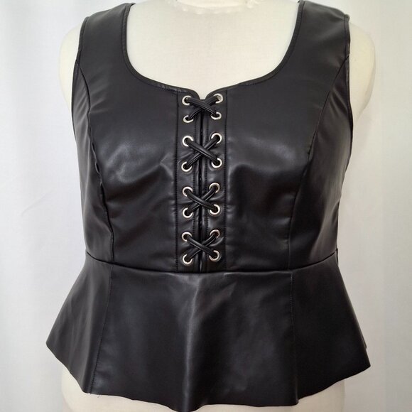 Corset Bustier Black Goth Vegan Leather Stretch Top LaceUp Trim Peplum Torrid 2X - Picture 1 of 6